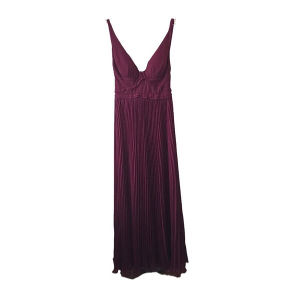 XScape Burgundy Tiered Pleated V-NeckDress Featuring Spaghetti Straps - Picture 1 of 4